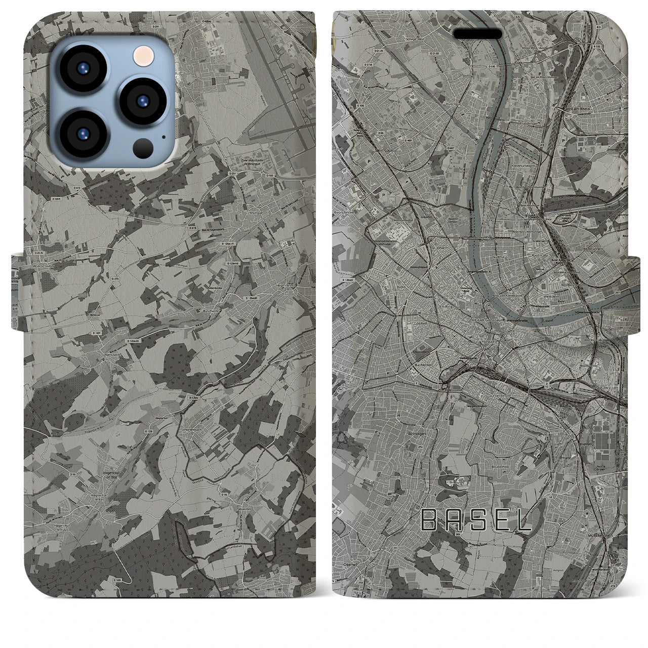 【バーゼル(スイス)】地図柄iPhoneケース(手帳タイプ)モノトーン・iPhone 13 Pro Max 用
