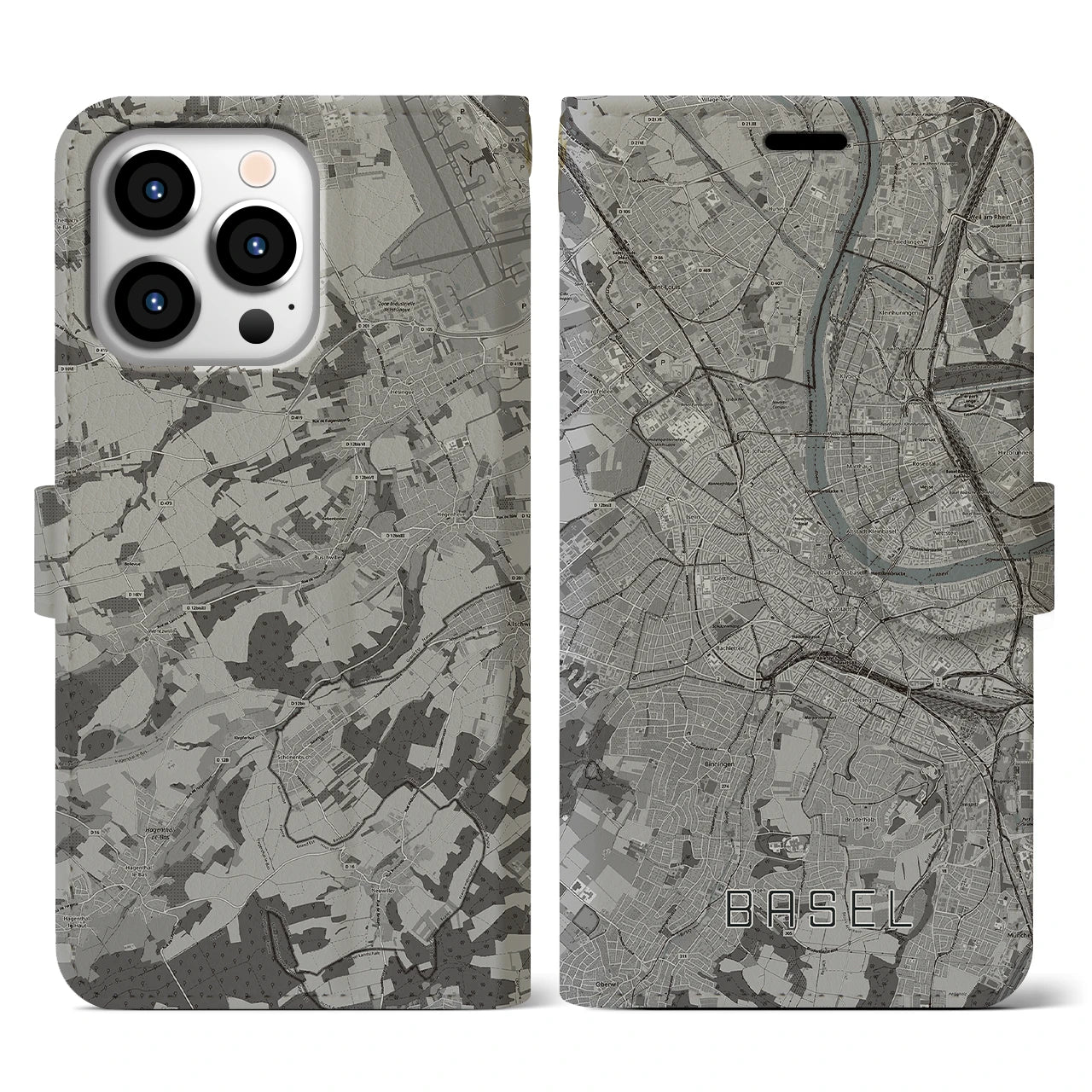 【バーゼル(スイス)】地図柄iPhoneケース(手帳タイプ)モノトーン・iPhone 13 Pro 用