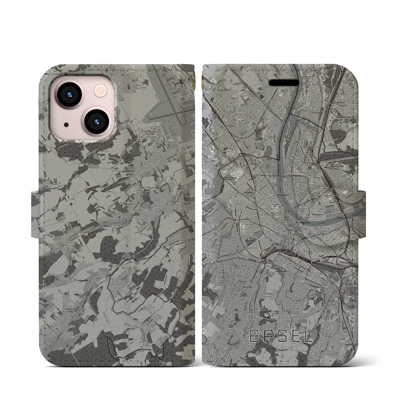 【バーゼル(スイス)】地図柄iPhoneケース(手帳タイプ)モノトーン・iPhone 13 mini 用