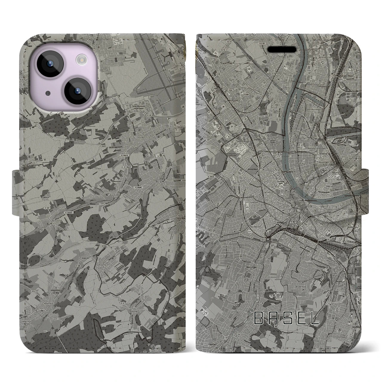 【バーゼル(スイス)】地図柄iPhoneケース(手帳タイプ)モノトーン・iPhone 14 用