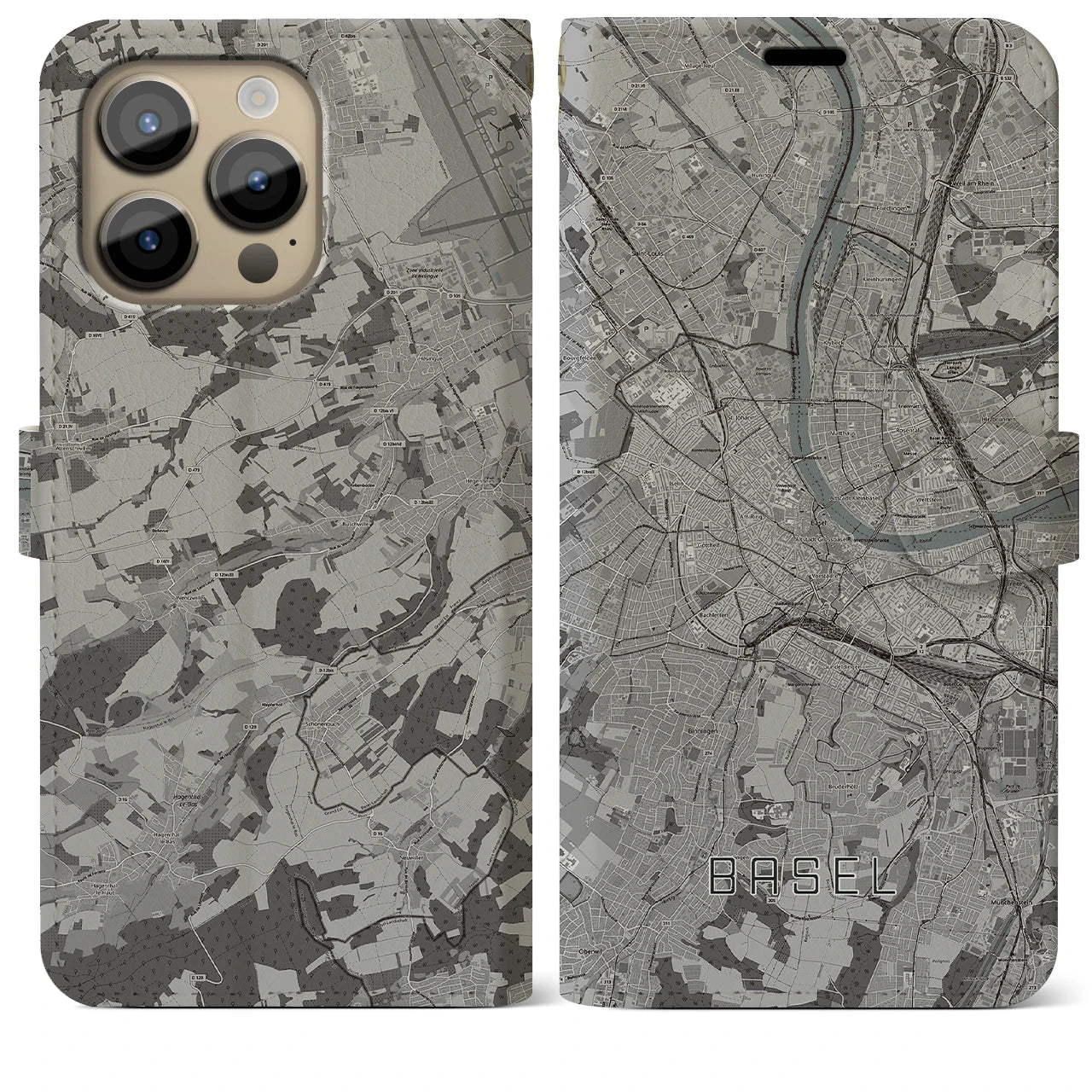 【バーゼル(スイス)】地図柄iPhoneケース(手帳タイプ)モノトーン・iPhone 14 Pro Max 用
