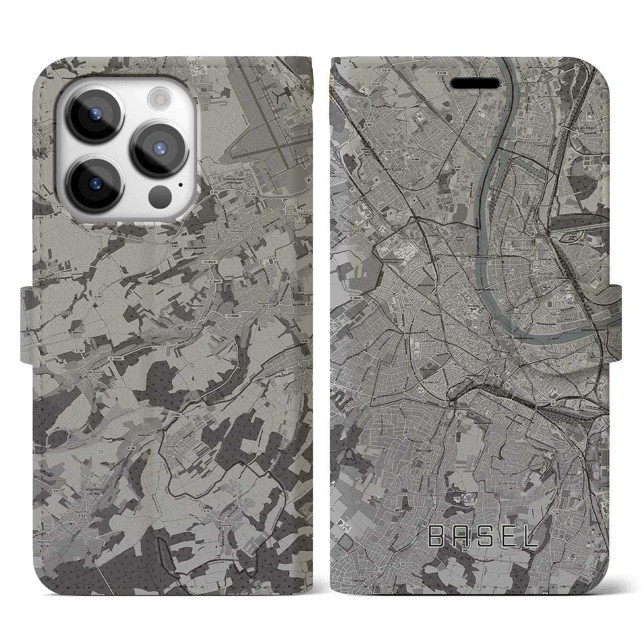 【バーゼル(スイス)】地図柄iPhoneケース(手帳タイプ)モノトーン・iPhone 14 Pro 用