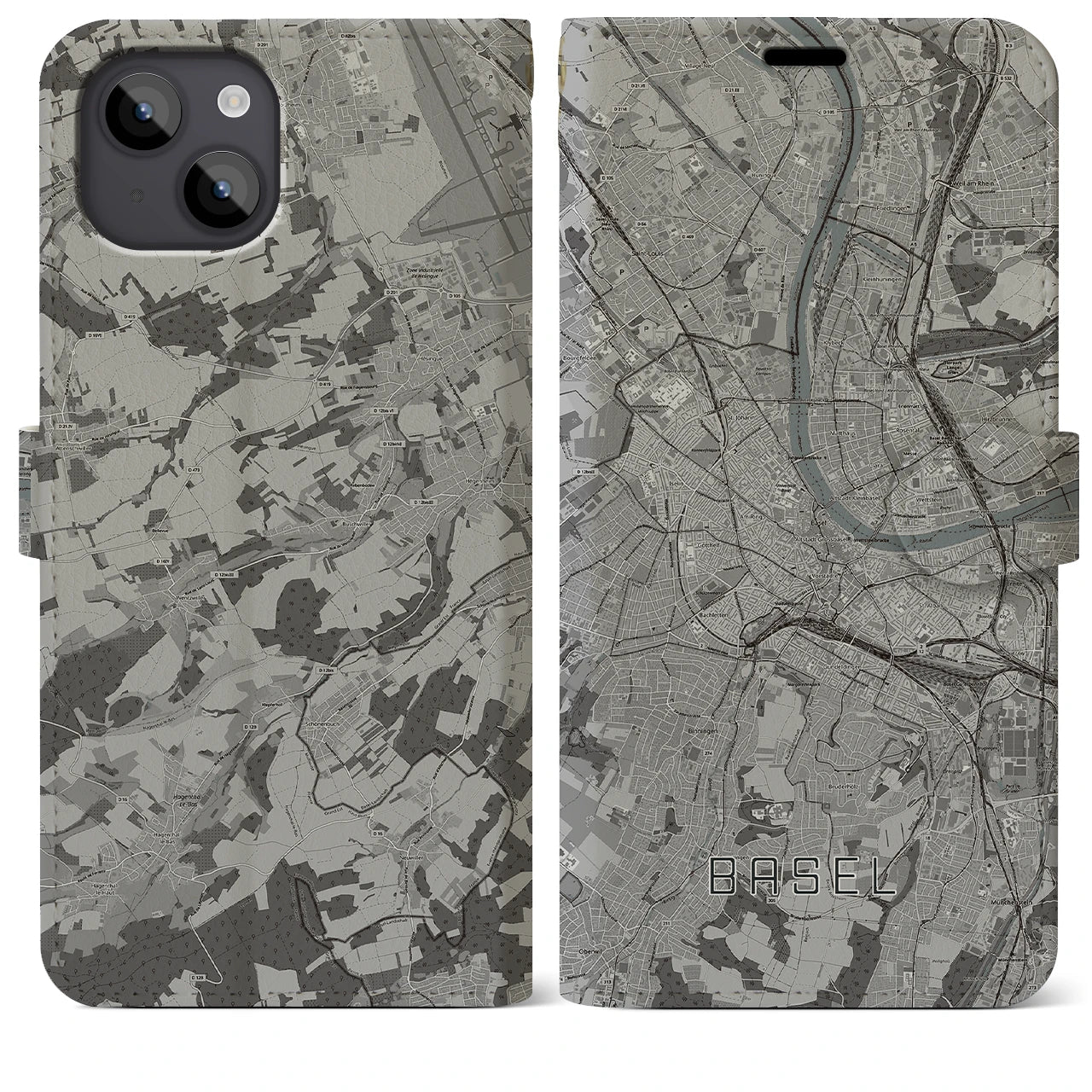 【バーゼル(スイス)】地図柄iPhoneケース(手帳タイプ)モノトーン・iPhone 14 Plus 用