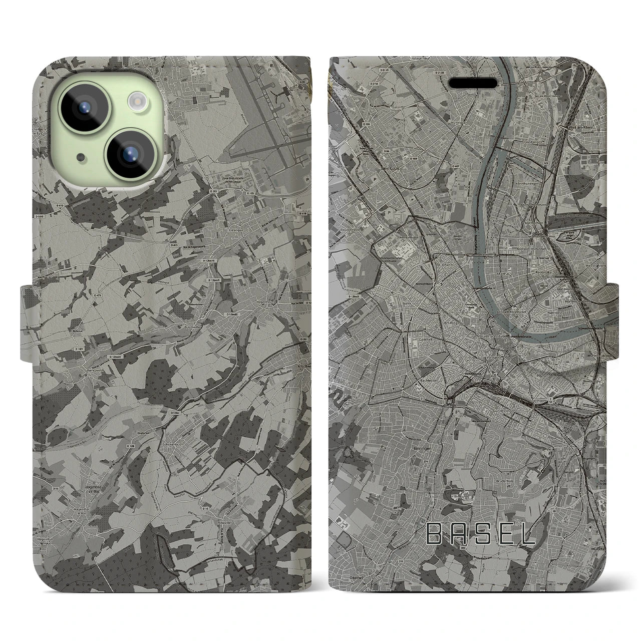 【バーゼル(スイス)】地図柄iPhoneケース(手帳タイプ)モノトーン・iPhone 15 用