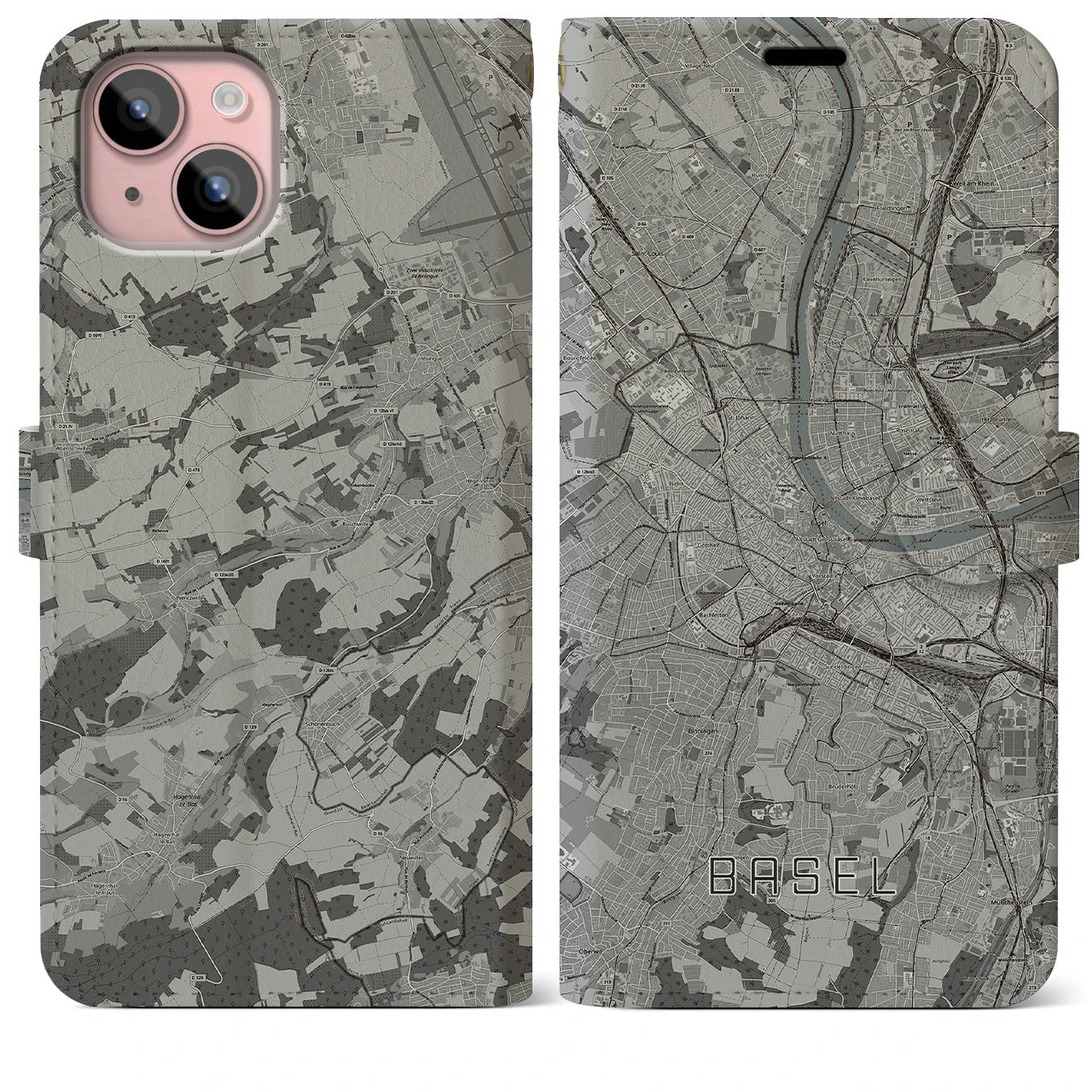 【バーゼル(スイス)】地図柄iPhoneケース(手帳タイプ)モノトーン・iPhone 15 Plus 用