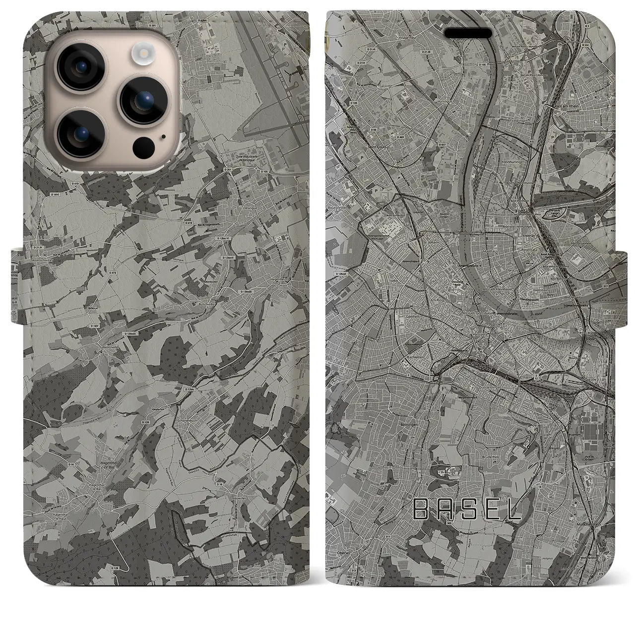 【バーゼル(スイス)】地図柄iPhoneケース(手帳タイプ)モノトーン・iPhone 16 Plus 用