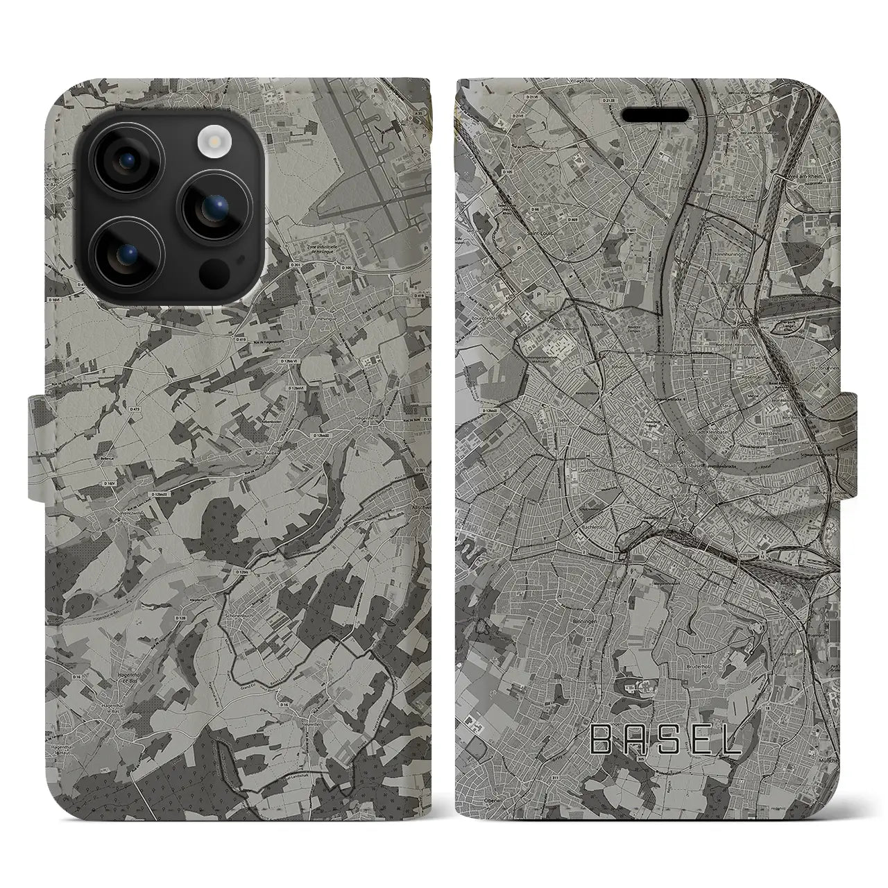 【バーゼル(スイス)】地図柄iPhoneケース(手帳タイプ)モノトーン・iPhone 16 用
