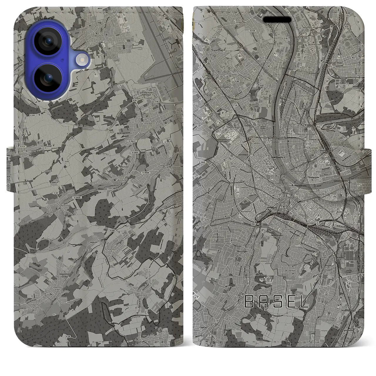 【バーゼル(スイス)】地図柄iPhoneケース(手帳タイプ)モノトーン・iPhone 16 Pro Max 用