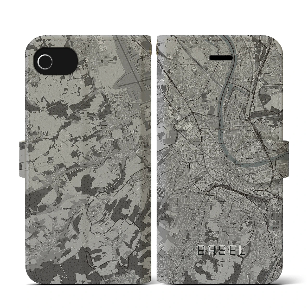 【バーゼル(スイス)】地図柄iPhoneケース(手帳タイプ)モノトーン・iPhone SE(第3 / 第2世代) / 8 / 7 / 6s / 6 用