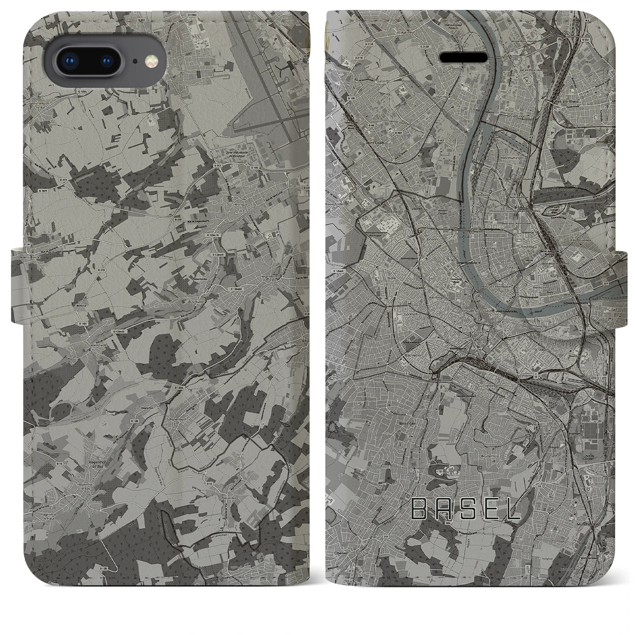 【バーゼル(スイス)】地図柄iPhoneケース(手帳タイプ)モノトーン・iPhone 8Plus /7Plus / 6sPlus / 6Plus 用