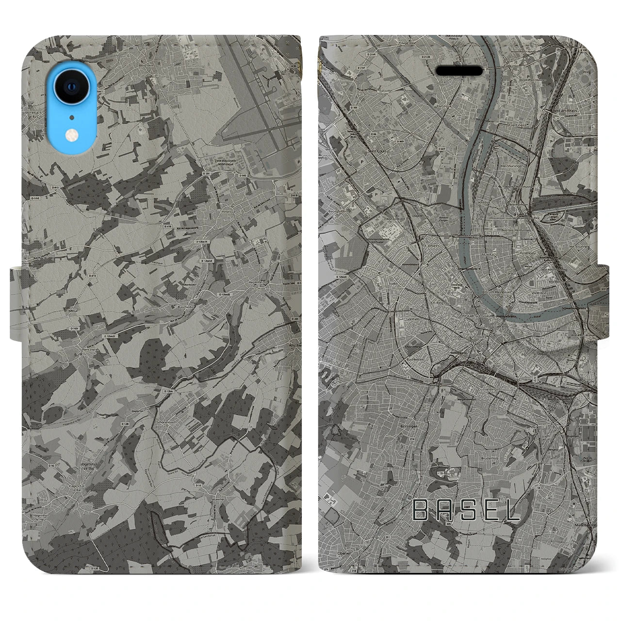 【バーゼル(スイス)】地図柄iPhoneケース(手帳タイプ)モノトーン・iPhone XR 用