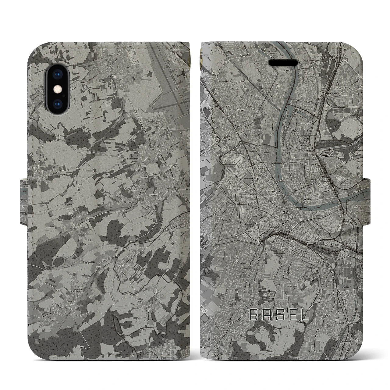 【バーゼル(スイス)】地図柄iPhoneケース(手帳タイプ)モノトーン・iPhone XS / X 用