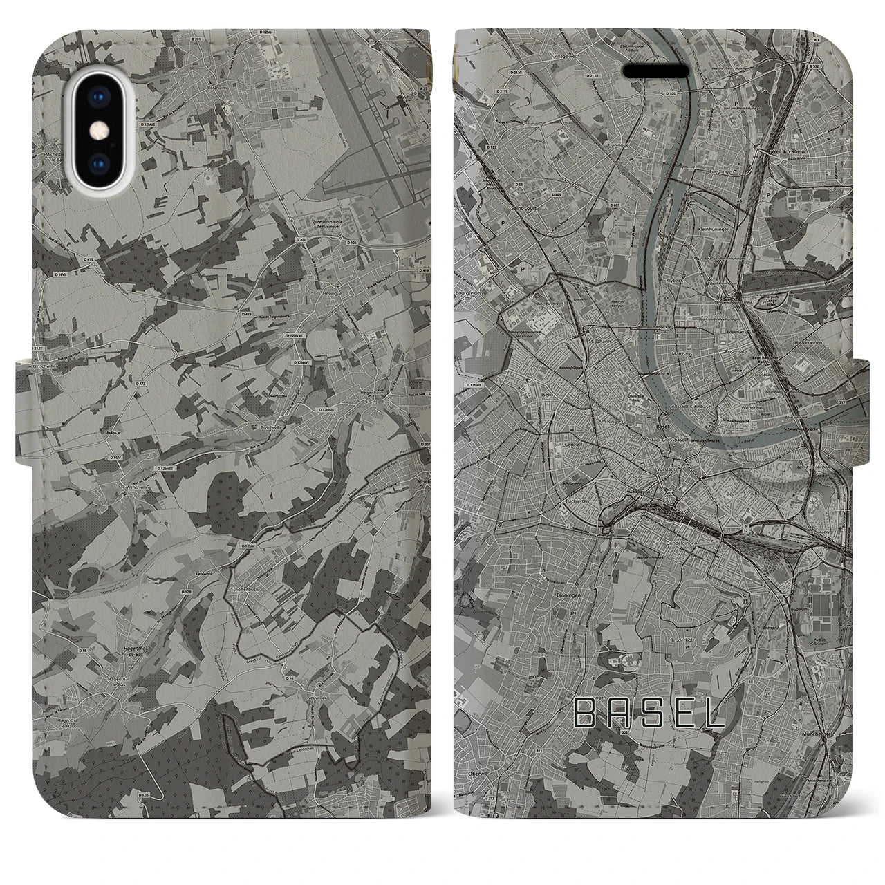 【バーゼル(スイス)】地図柄iPhoneケース(手帳タイプ)モノトーン・iPhone XS Max 用
