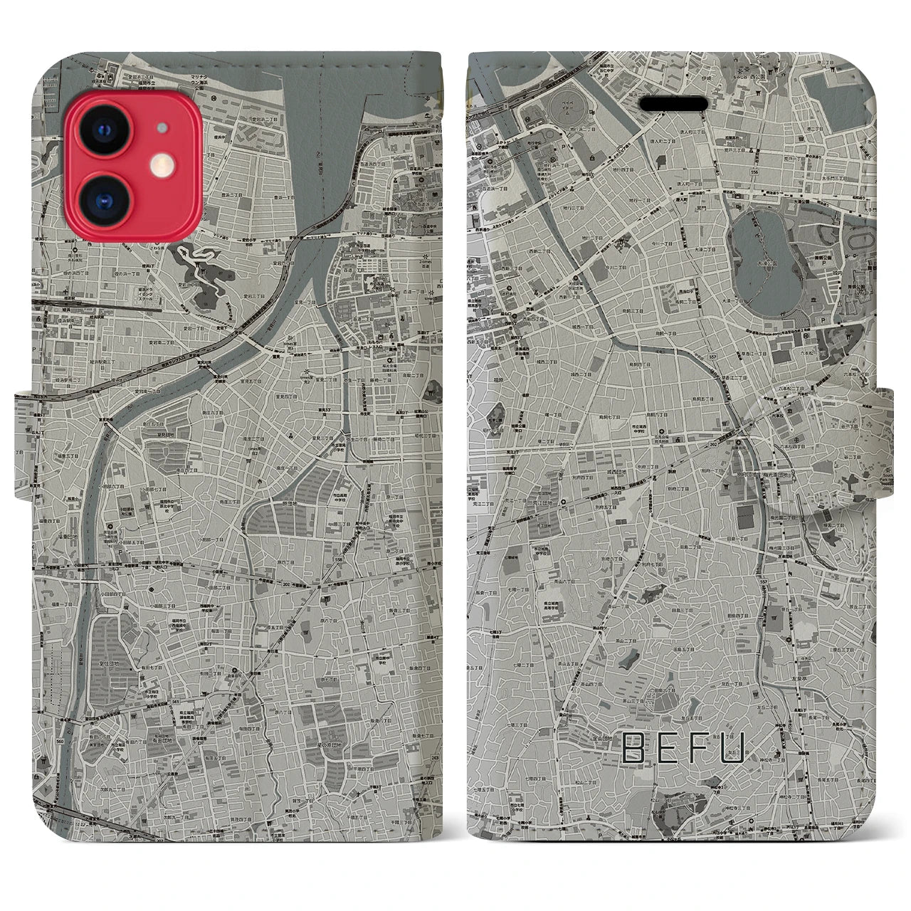 【別府(福岡県)】地図柄iPhoneケース(手帳タイプ)モノトーン・iPhone 11 用