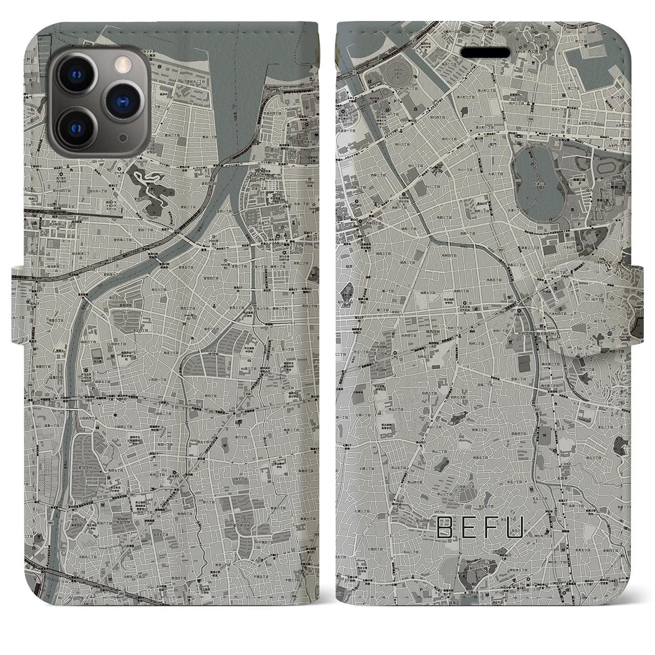 【別府(福岡県)】地図柄iPhoneケース(手帳タイプ)モノトーン・iPhone 11 Pro Max 用