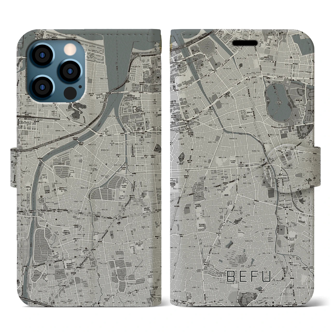 【別府(福岡県)】地図柄iPhoneケース(手帳タイプ)モノトーン・iPhone 12 / 12 Pro 用
