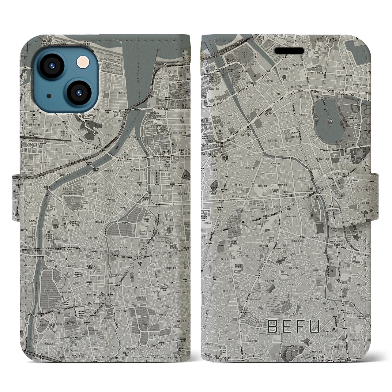 【別府(福岡県)】地図柄iPhoneケース(手帳タイプ)モノトーン・iPhone 13 用