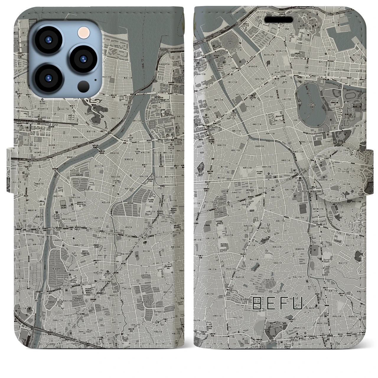 【別府(福岡県)】地図柄iPhoneケース(手帳タイプ)モノトーン・iPhone 13 Pro Max 用