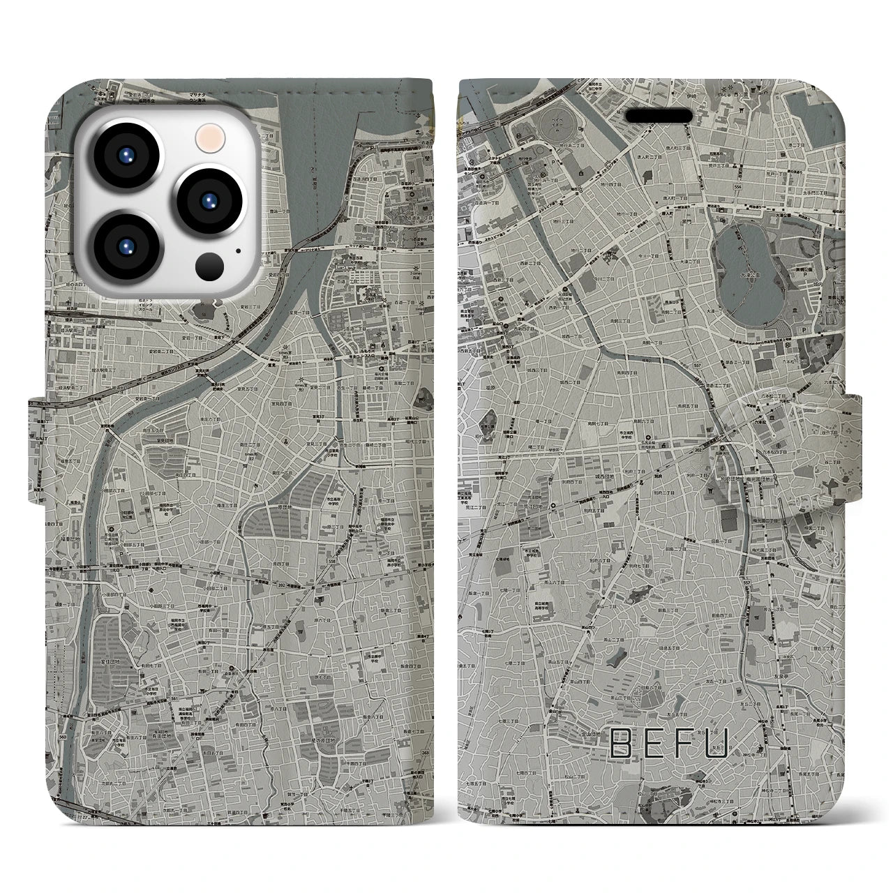 【別府(福岡県)】地図柄iPhoneケース(手帳タイプ)モノトーン・iPhone 13 Pro 用