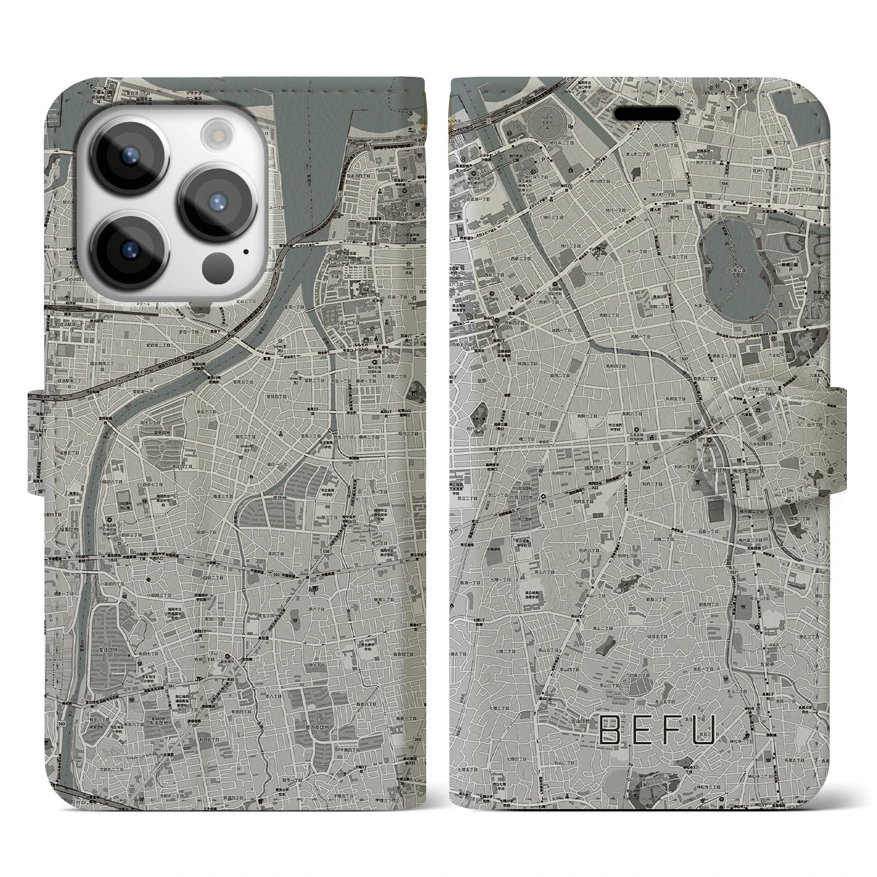 【別府(福岡県)】地図柄iPhoneケース(手帳タイプ)モノトーン・iPhone 14 Pro 用
