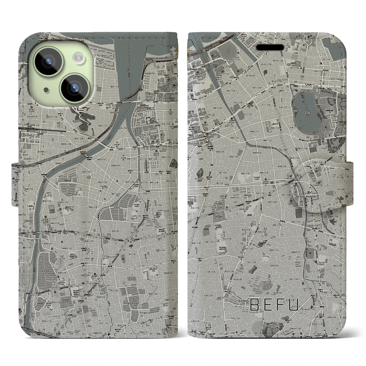 【別府(福岡県)】地図柄iPhoneケース(手帳タイプ)モノトーン・iPhone 15 用