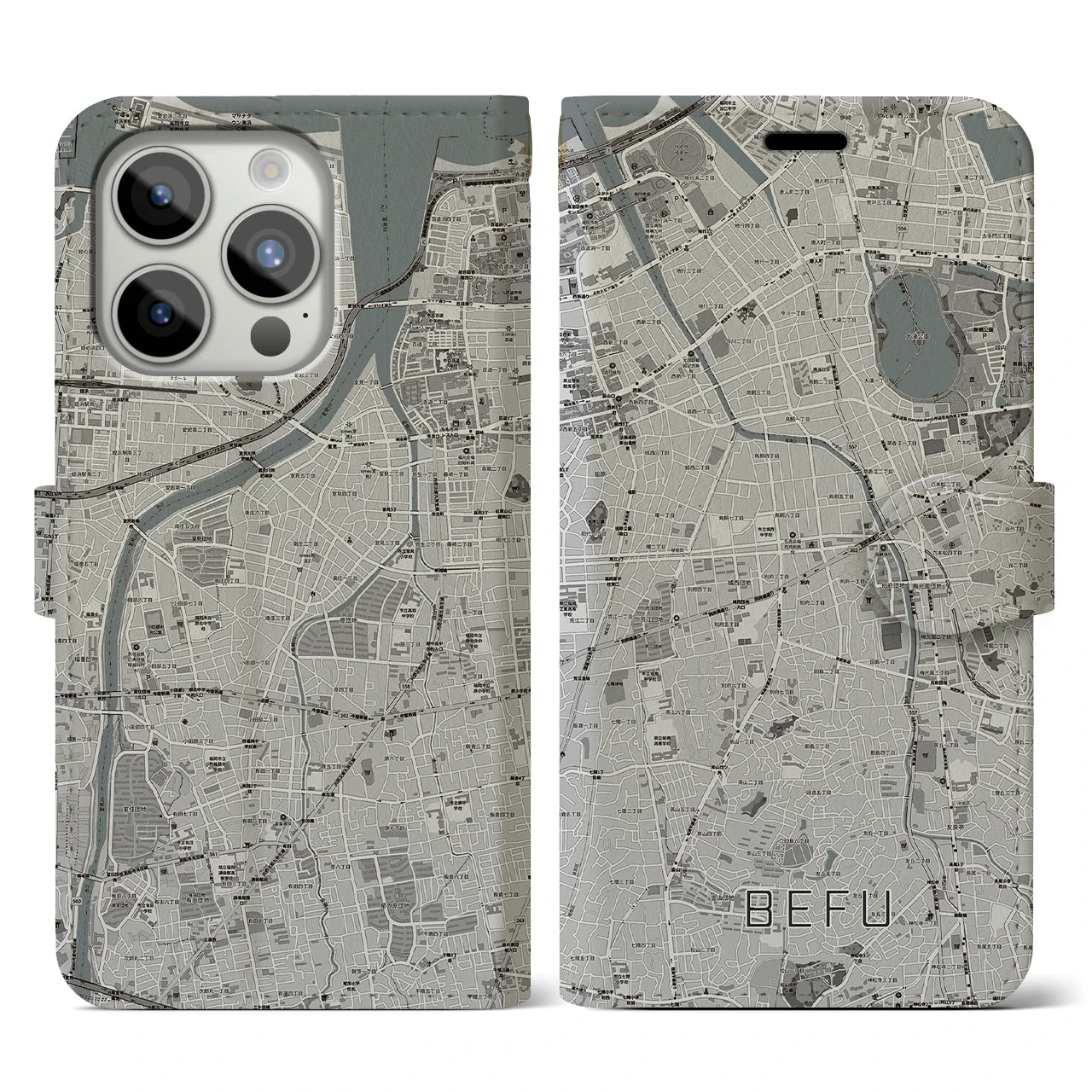 【別府(福岡県)】地図柄iPhoneケース(手帳タイプ)モノトーン・iPhone 15 Pro 用