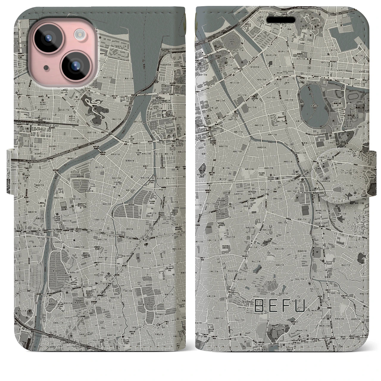 【別府(福岡県)】地図柄iPhoneケース(手帳タイプ)モノトーン・iPhone 15 Plus 用