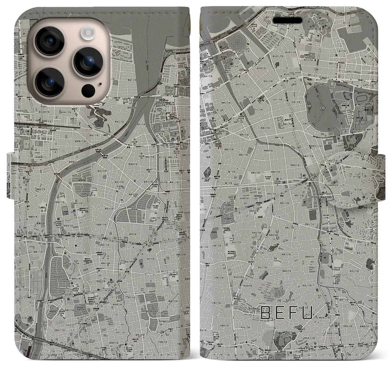 【別府(福岡県)】地図柄iPhoneケース(手帳タイプ)モノトーン・iPhone 16 Plus 用