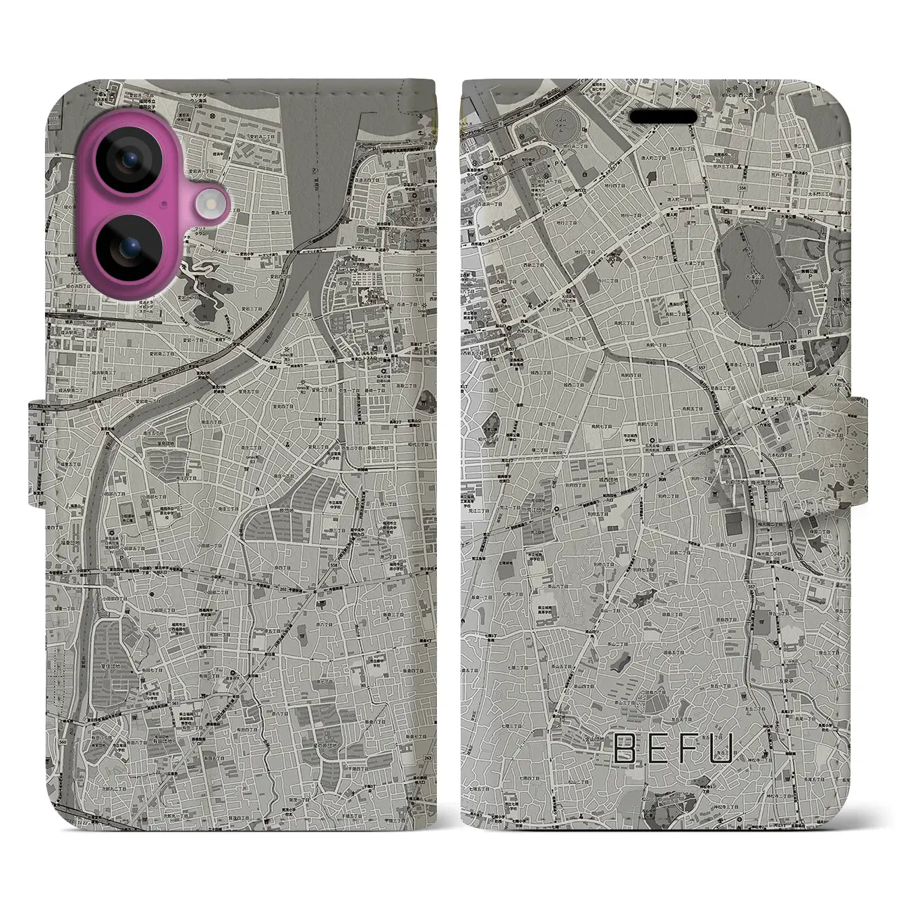【別府(福岡県)】地図柄iPhoneケース(手帳タイプ)モノトーン・iPhone 16 Pro 用