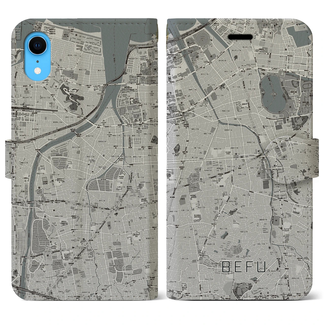 【別府(福岡県)】地図柄iPhoneケース(手帳タイプ)モノトーン・iPhone XR 用