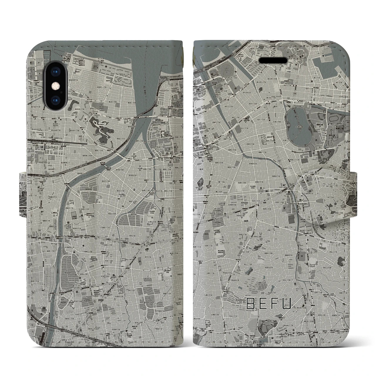 【別府(福岡県)】地図柄iPhoneケース(手帳タイプ)モノトーン・iPhone XS / X 用