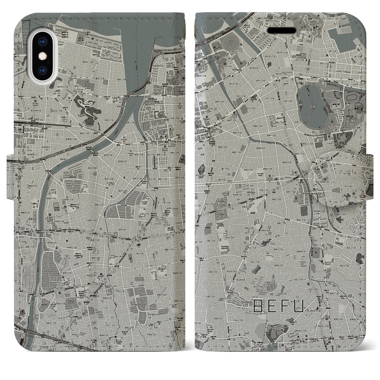 【別府(福岡県)】地図柄iPhoneケース(手帳タイプ)モノトーン・iPhone XS Max 用