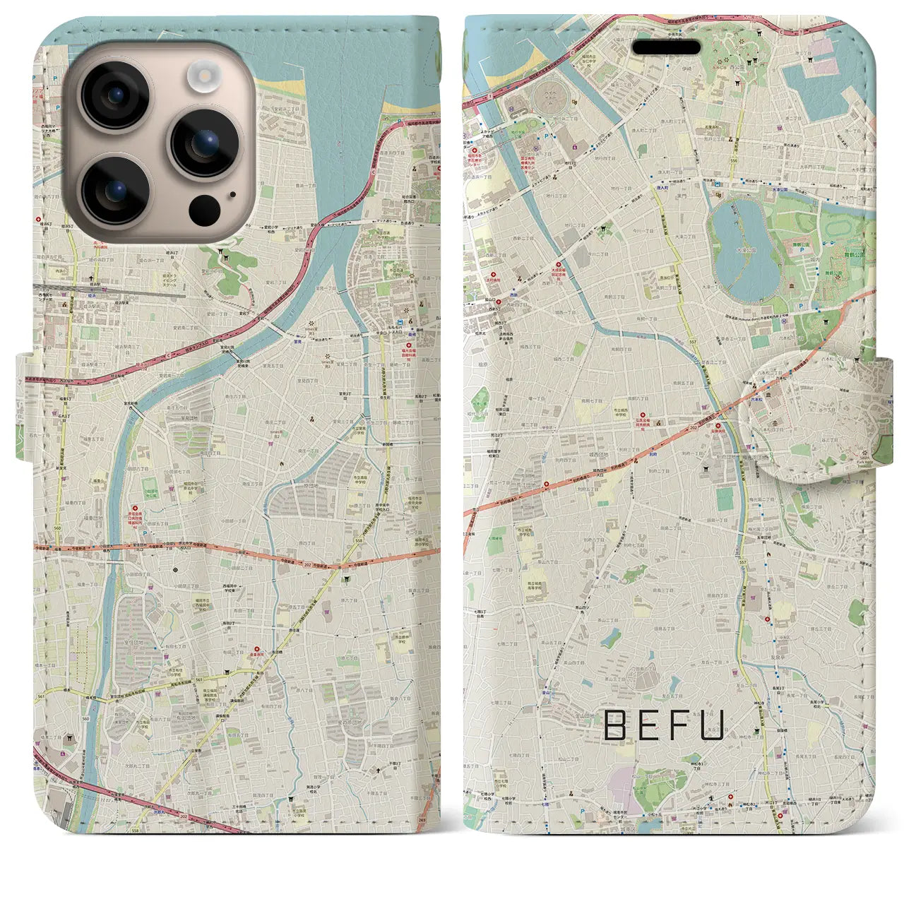 【別府(福岡県)】地図柄iPhoneケース(手帳タイプ)ナチュラル・iPhone 16 Plus 用