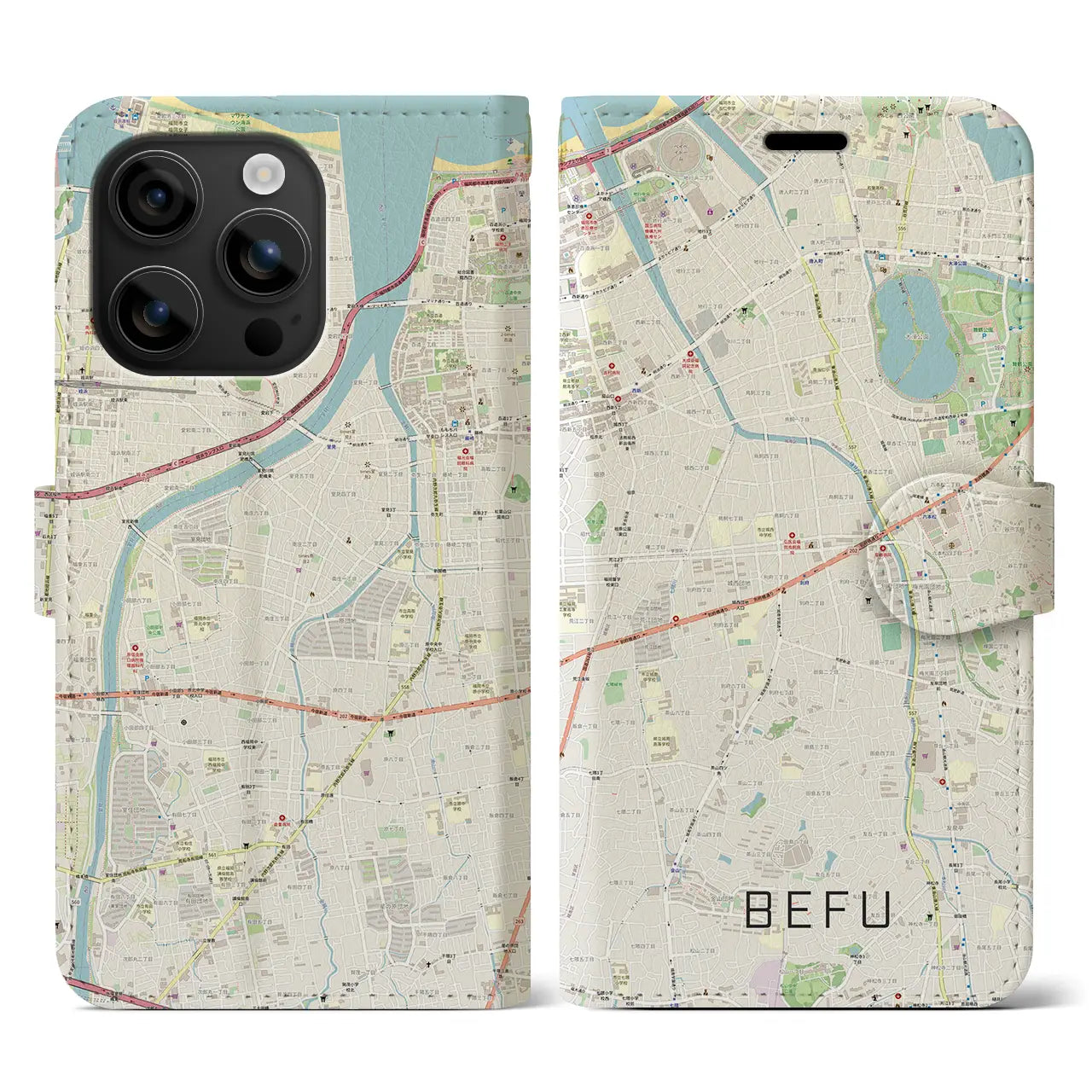 【別府(福岡県)】地図柄iPhoneケース(手帳タイプ)ナチュラル・iPhone 16 用