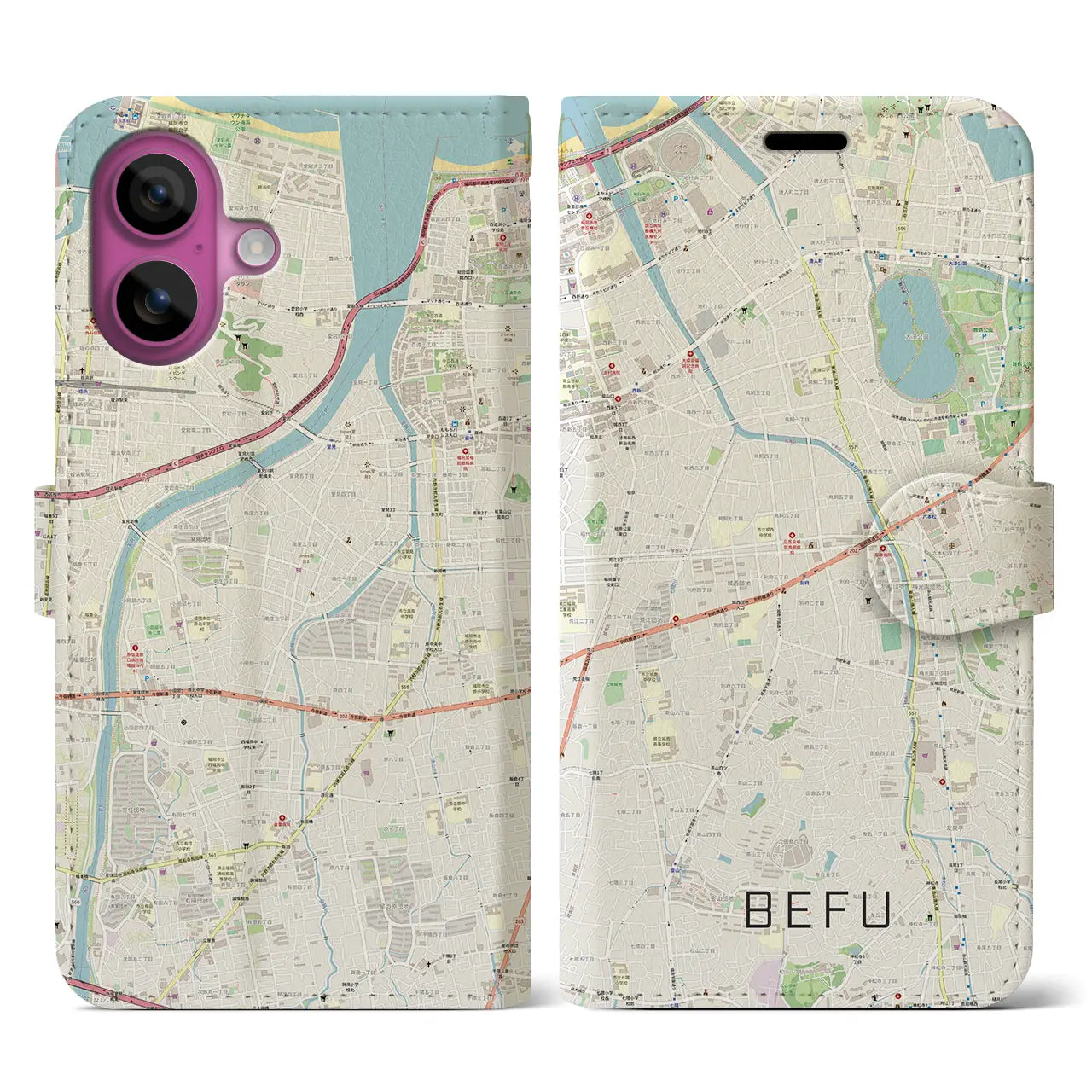 【別府(福岡県)】地図柄iPhoneケース(手帳タイプ)ナチュラル・iPhone 16 Pro 用