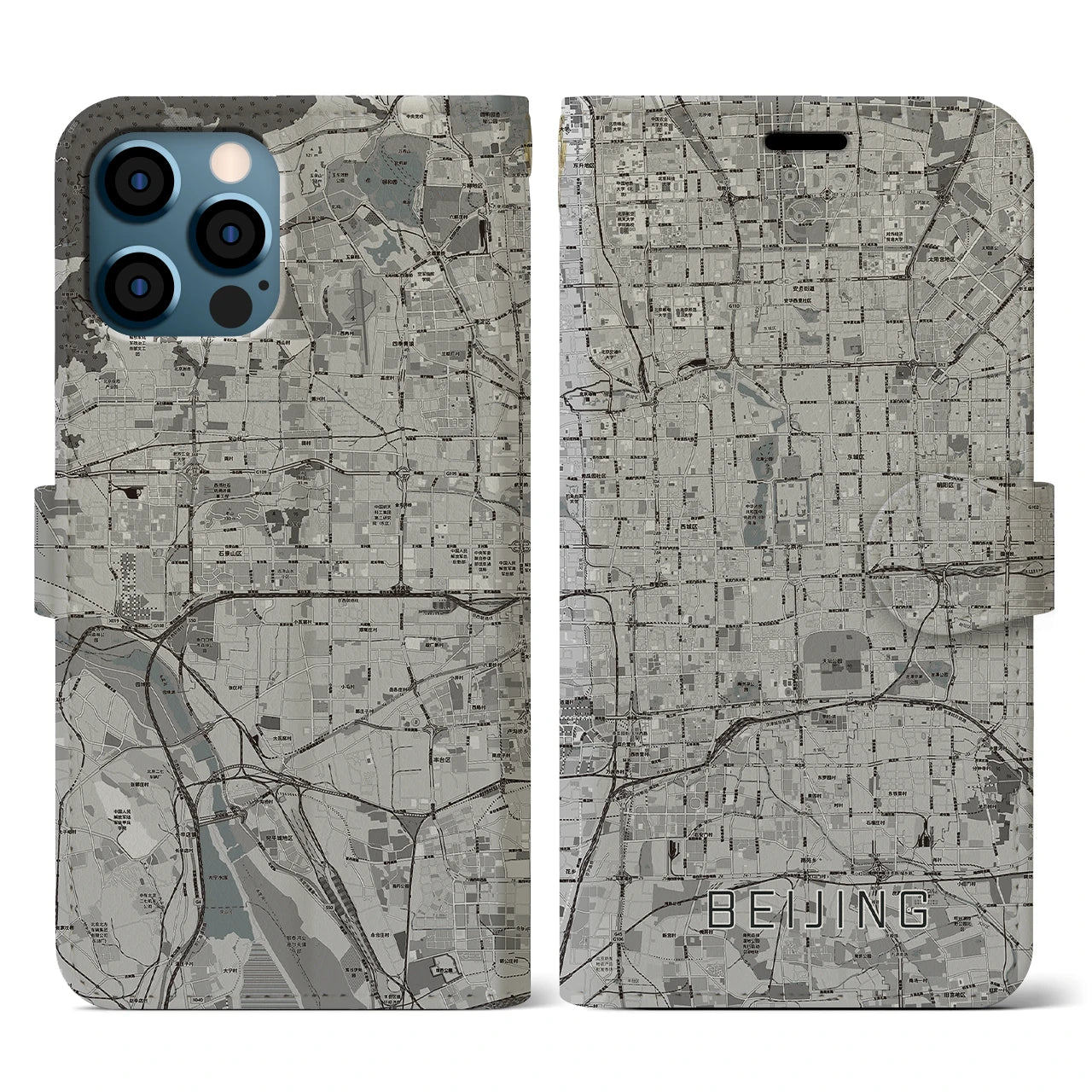 【北京(中華人民共和国)】地図柄iPhoneケース(手帳タイプ)モノトーン・iPhone 12 / 12 Pro 用