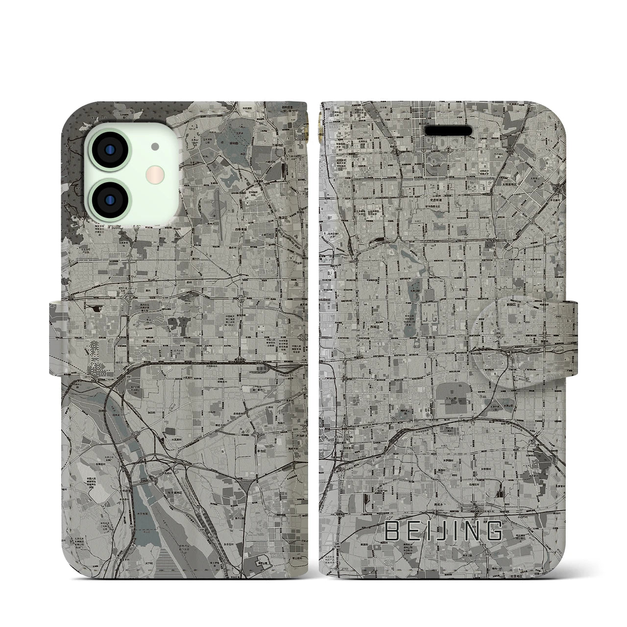 【北京(中華人民共和国)】地図柄iPhoneケース(手帳タイプ)モノトーン・iPhone 12 mini 用
