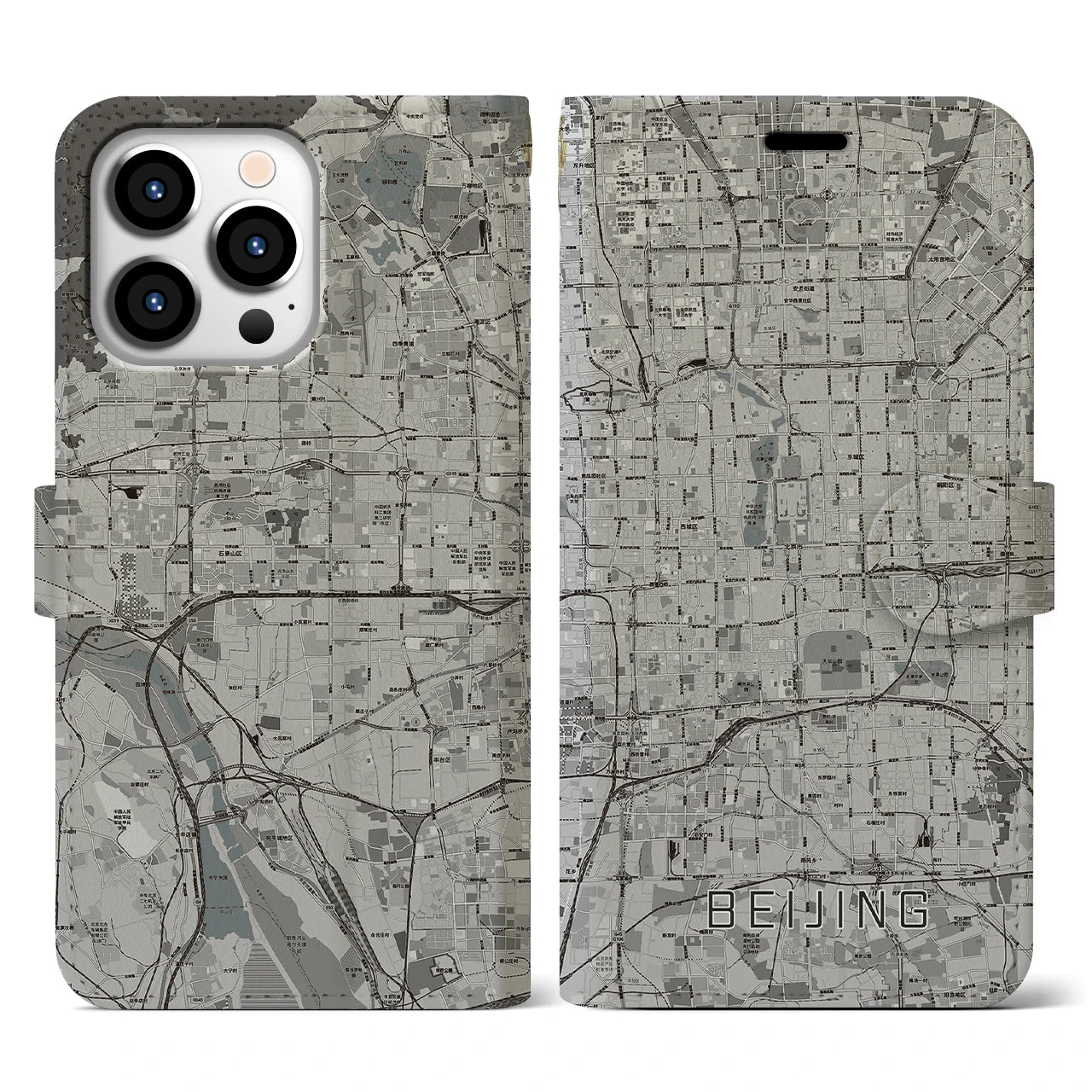 【北京(中華人民共和国)】地図柄iPhoneケース(手帳タイプ)モノトーン・iPhone 13 Pro 用