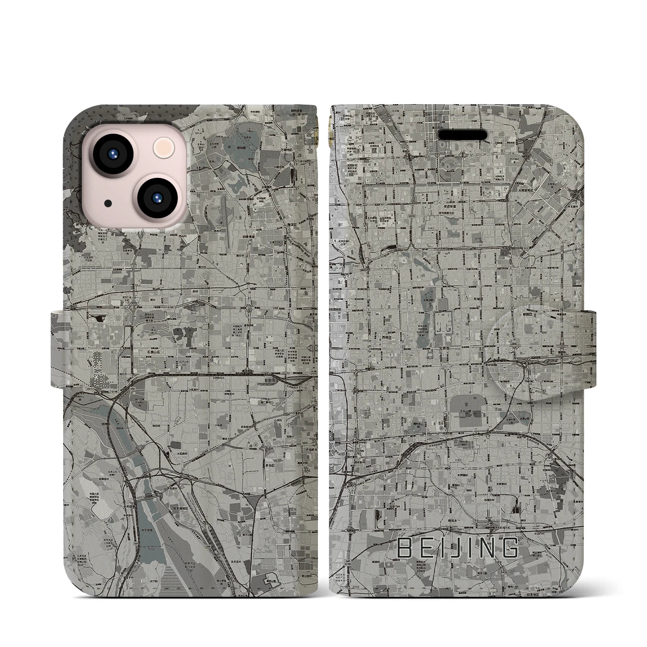 【北京(中華人民共和国)】地図柄iPhoneケース(手帳タイプ)モノトーン・iPhone 13 mini 用