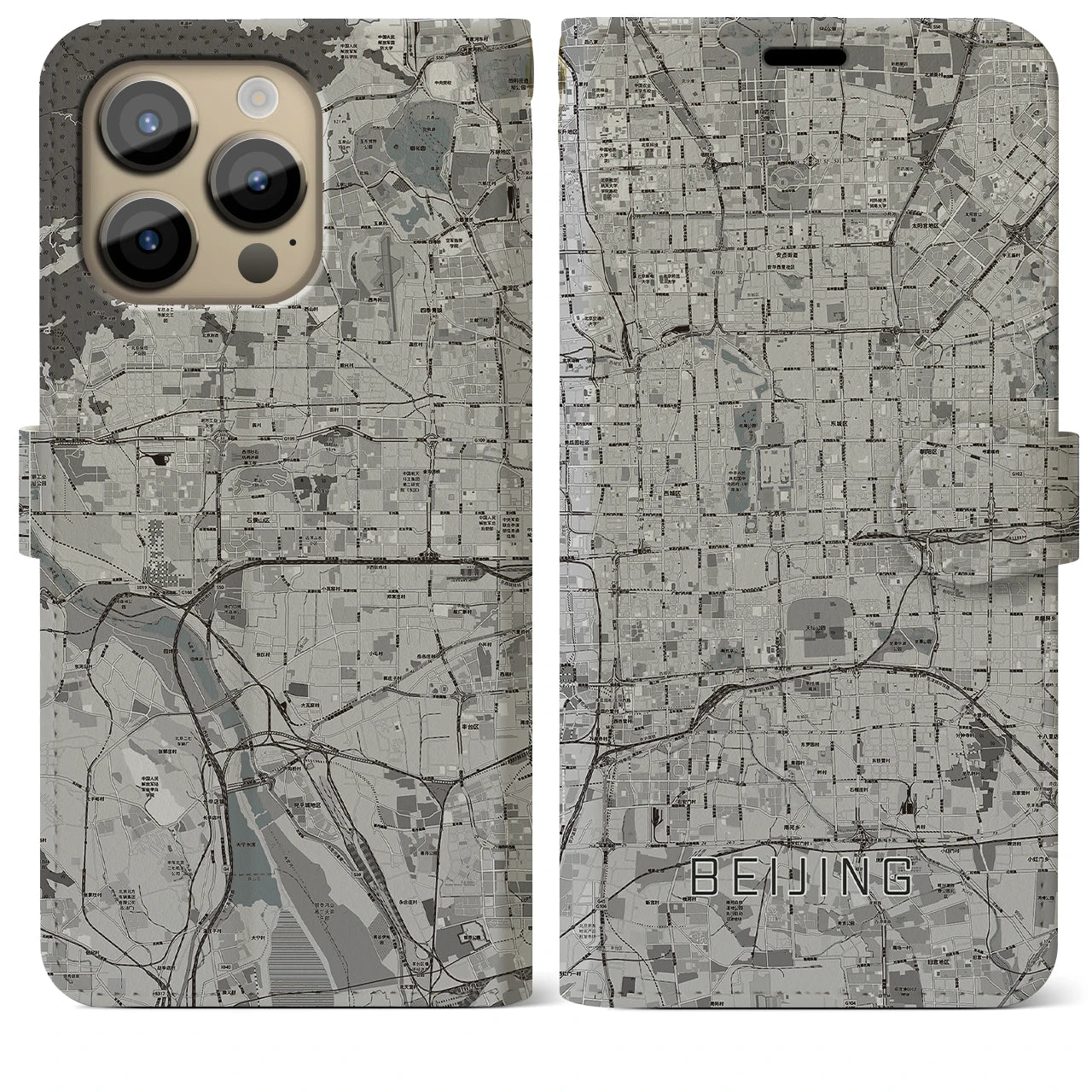 【北京(中華人民共和国)】地図柄iPhoneケース(手帳タイプ)モノトーン・iPhone 14 Pro Max 用