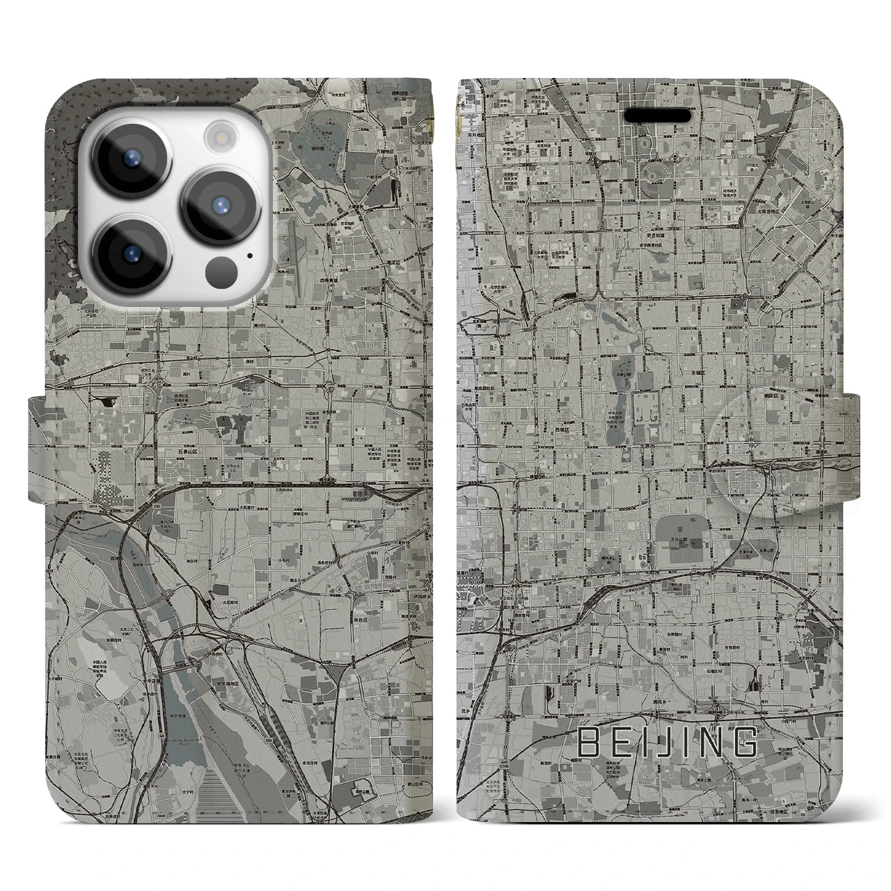 【北京(中華人民共和国)】地図柄iPhoneケース(手帳タイプ)モノトーン・iPhone 14 Pro 用