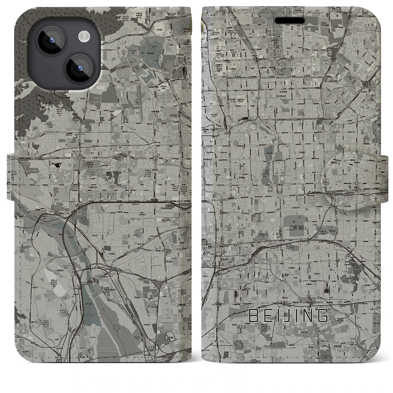 【北京(中華人民共和国)】地図柄iPhoneケース(手帳タイプ)モノトーン・iPhone 14 Plus 用