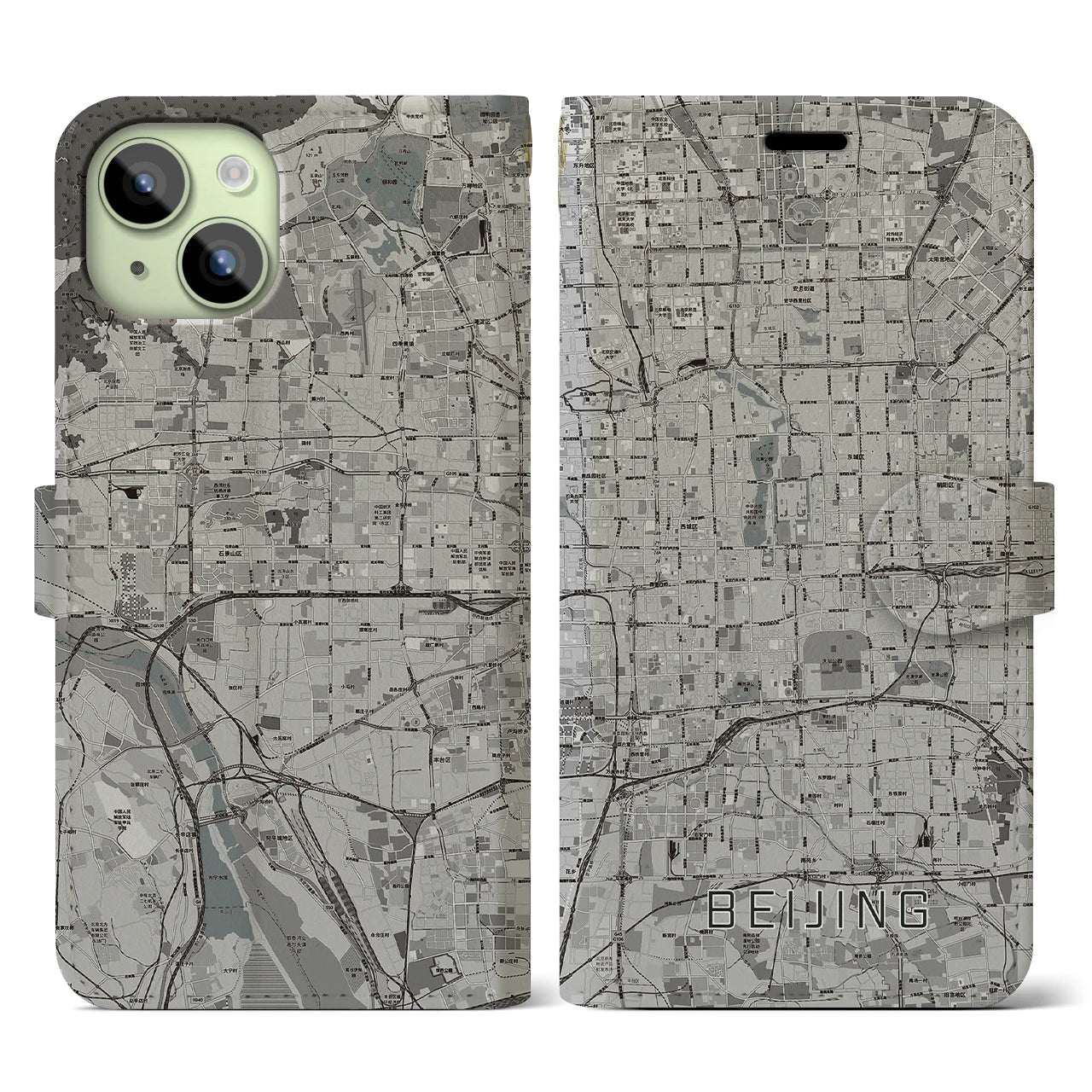 【北京(中華人民共和国)】地図柄iPhoneケース(手帳タイプ)モノトーン・iPhone 15 用