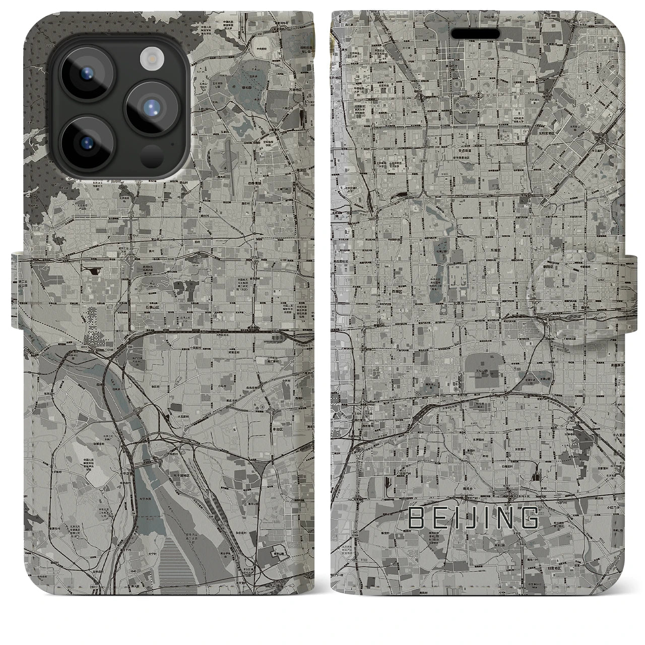 【北京(中華人民共和国)】地図柄iPhoneケース(手帳タイプ)モノトーン・iPhone 15 Pro Max 用