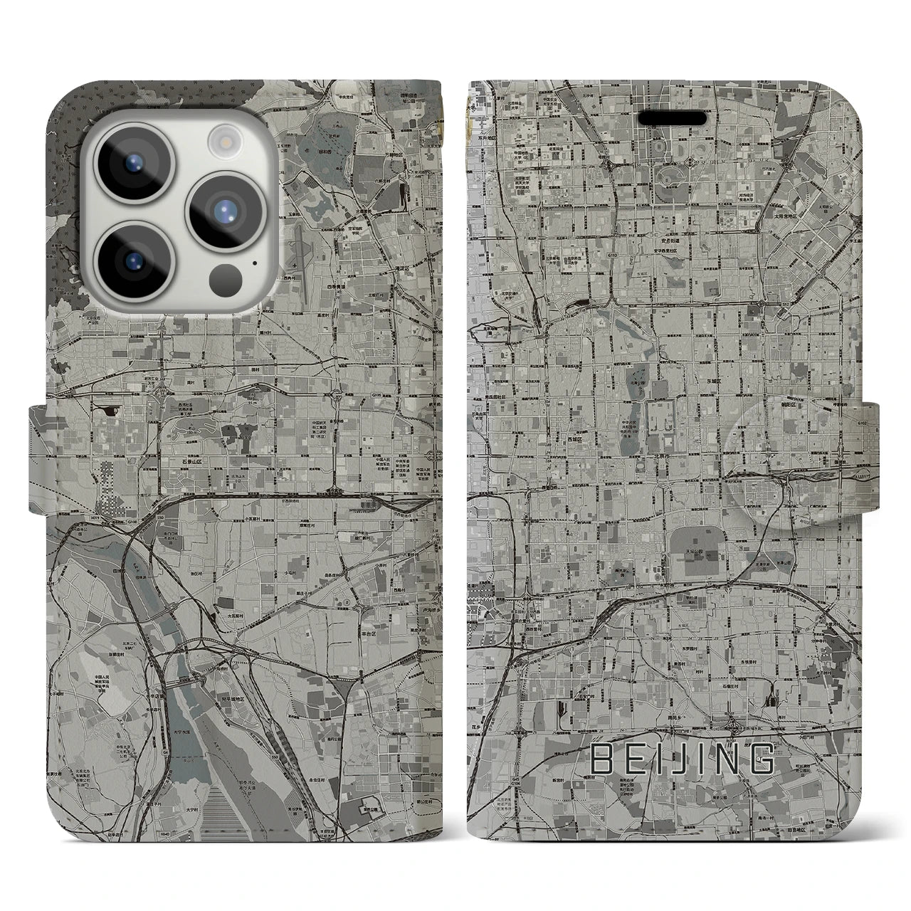 【北京(中華人民共和国)】地図柄iPhoneケース(手帳タイプ)モノトーン・iPhone 15 Pro 用