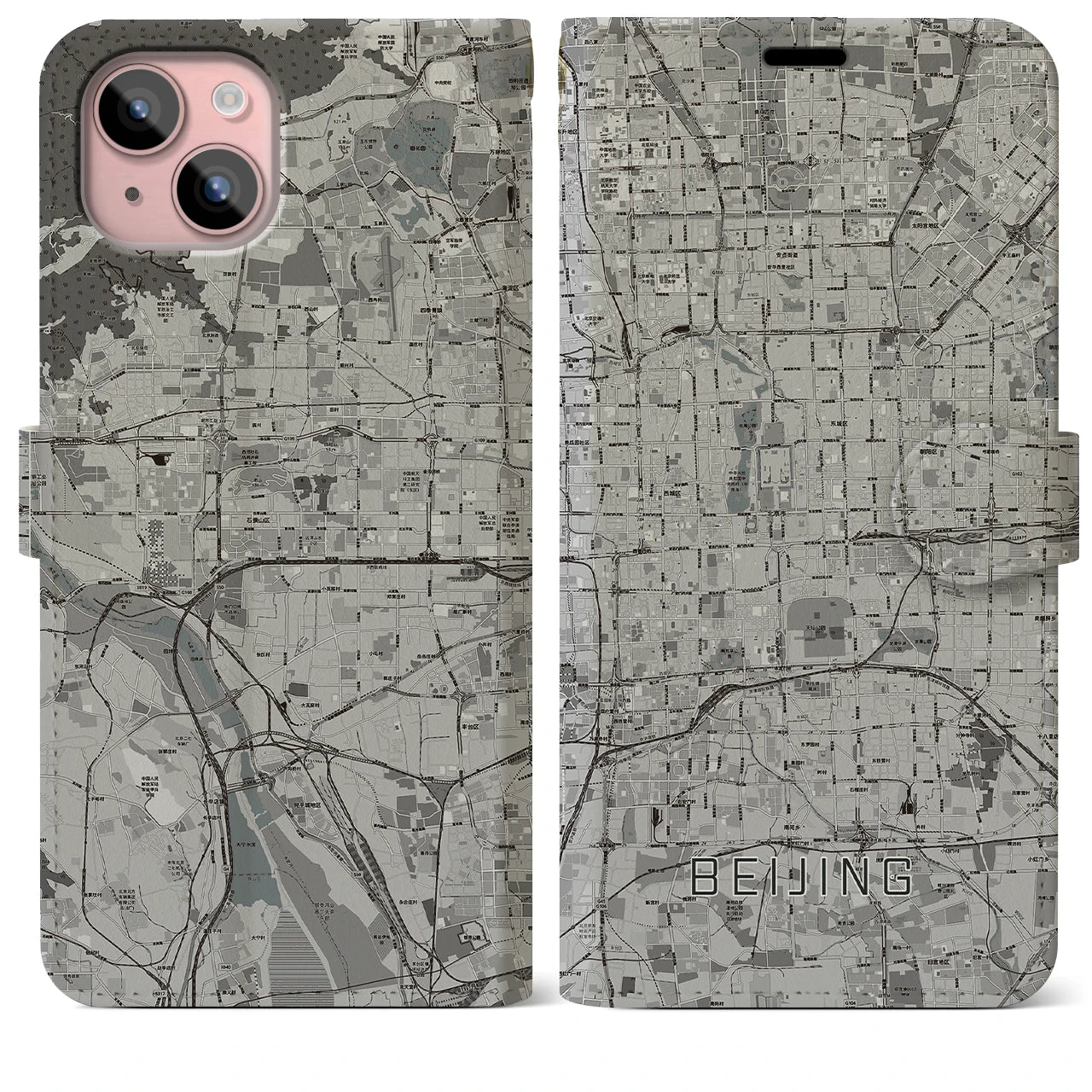 【北京(中華人民共和国)】地図柄iPhoneケース(手帳タイプ)モノトーン・iPhone 15 Plus 用