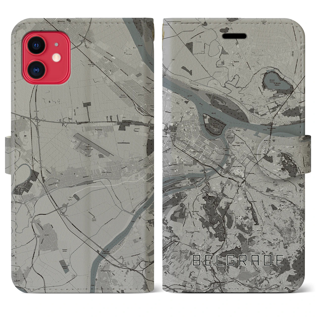 【ベオグラード(セルビア)】地図柄iPhoneケース(手帳タイプ)モノトーン・iPhone 11 用