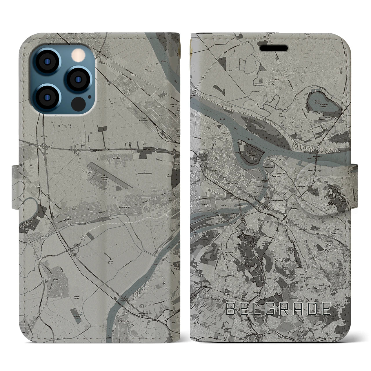 【ベオグラード(セルビア)】地図柄iPhoneケース(手帳タイプ)モノトーン・iPhone 12 / 12 Pro 用