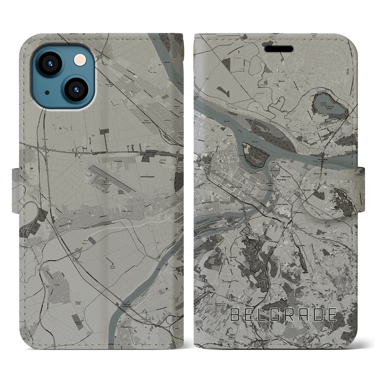【ベオグラード(セルビア)】地図柄iPhoneケース(手帳タイプ)モノトーン・iPhone 13 用