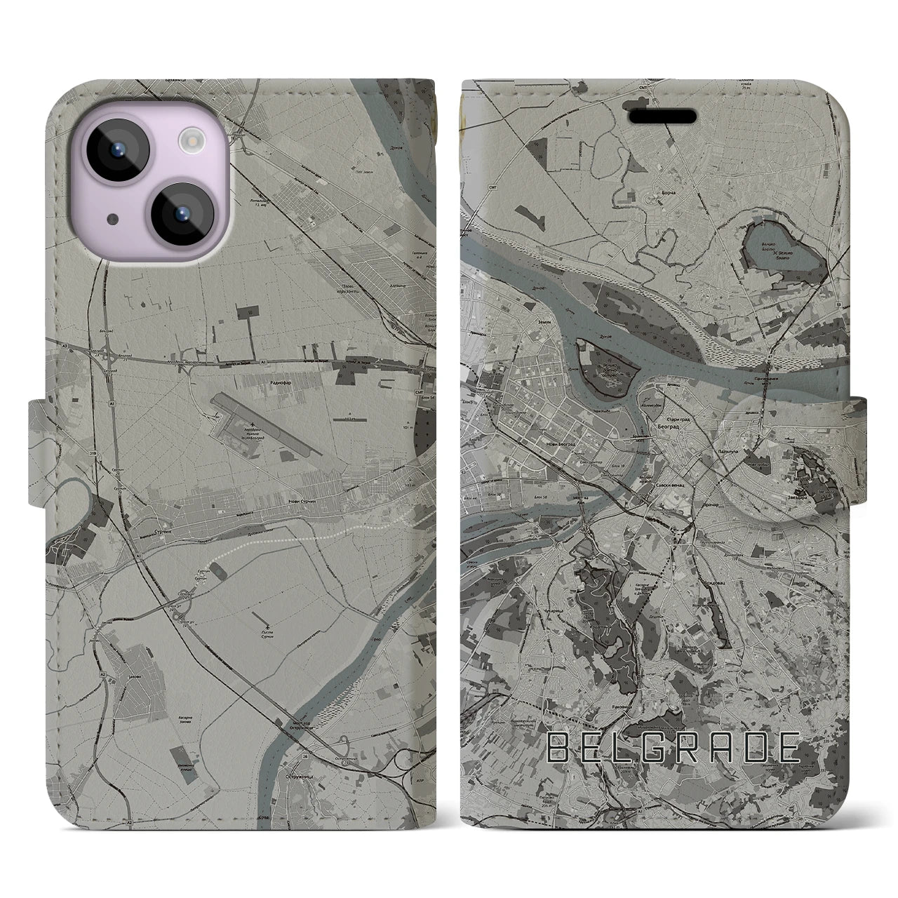 【ベオグラード(セルビア)】地図柄iPhoneケース(手帳タイプ)モノトーン・iPhone 14 用